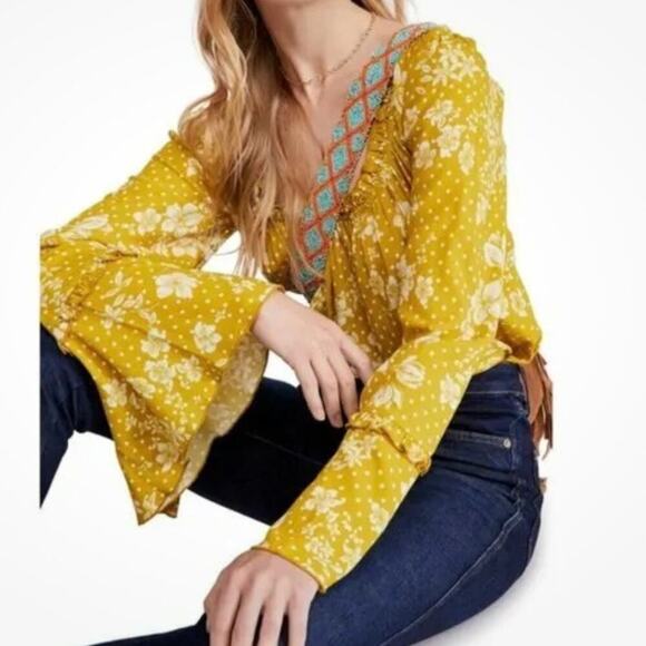 Free People One On One Date Bodysuit Marigold Combo Top Bell Sleeve MED - Picture 2 of 10